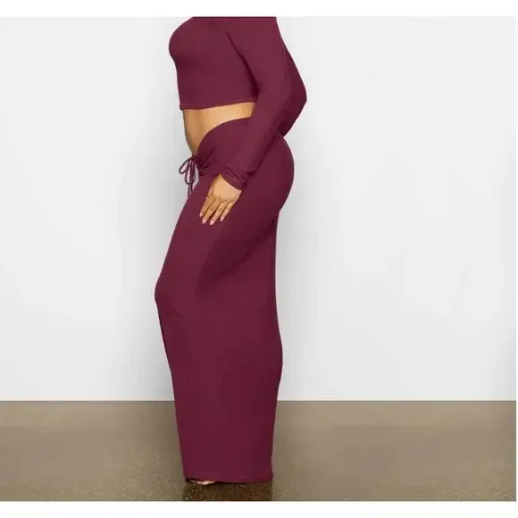 Skims Soft Lounge Ruched Long Skirt in Red Wine - Picture 3 of 10